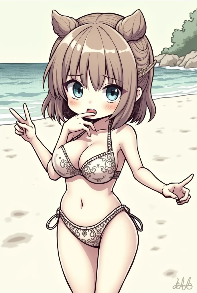 (comics),One person,Brown Hair,blue eyes,Game art design sheet,Ink drawing line art, child girl, cute, wearing micro bikini, busty, spoken ?, pointing mouth, worried face, at beach,