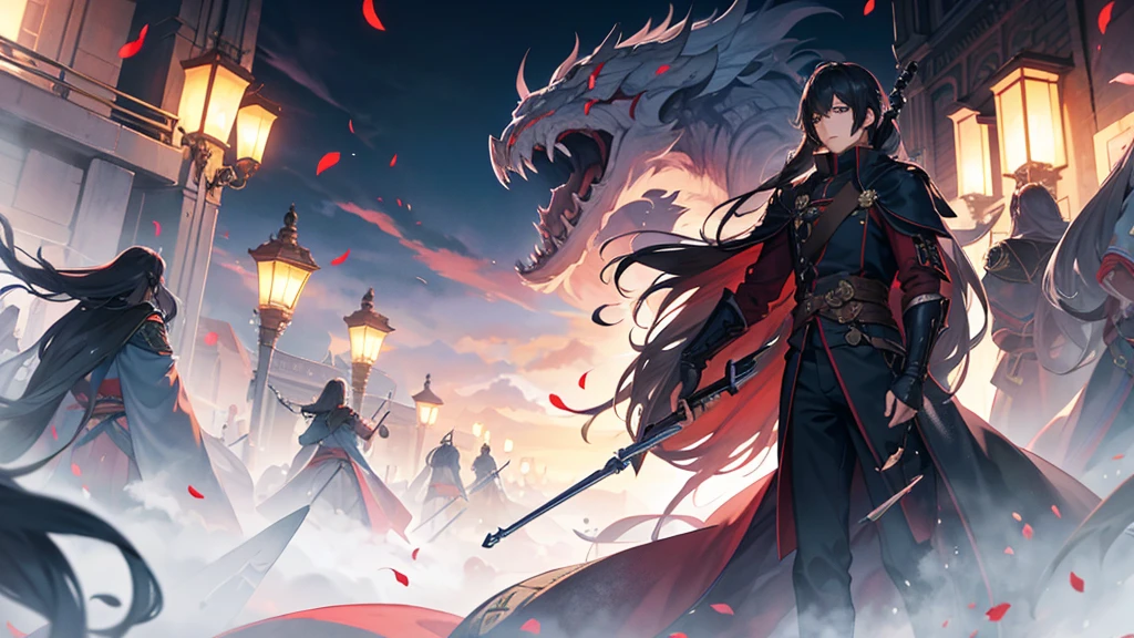 sung jin solo leveling ,best quality image,long hair, surrounded by his shadow soldiers,anime solo leveling