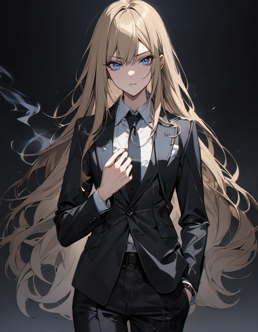 (masterpiece)、(absurdres)、(ultra detailed)、(8k),((solo lady),(dark blonde hair:1.2),(straight long hair:1.1),BREAK,shiny blue eyes,BREAK,black suit,black pants,BREAK,(athletic),(flat chest),(Pierce:0.9),(bracelet:0.8),Smoke:1.4,cigarette:1.3,Serious,potrait shot:1.2,simple darkness background,in the darkness:1.2,