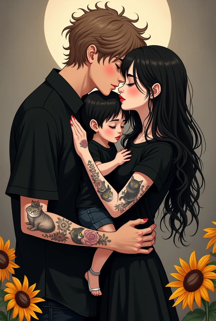 but with a boy with light brown hair, a little bit churroso, with curly hair tall white skinny, very white cute, 20 years old white girl with long black hair, cut in layers and thick lips, short in stature, not in fancy dresses but in cool clothes, the with. Black t-shirt and pants below, She dressed in black and modern, a  of 3 years, Pretty similar to them two, she has tattoos on her arm, all over her arm, a Kuromi, some cats, some flowers, She is not so thin but not chubby either and they both love each other very much with their eyes closed and cats and sunflowers Gothic style 