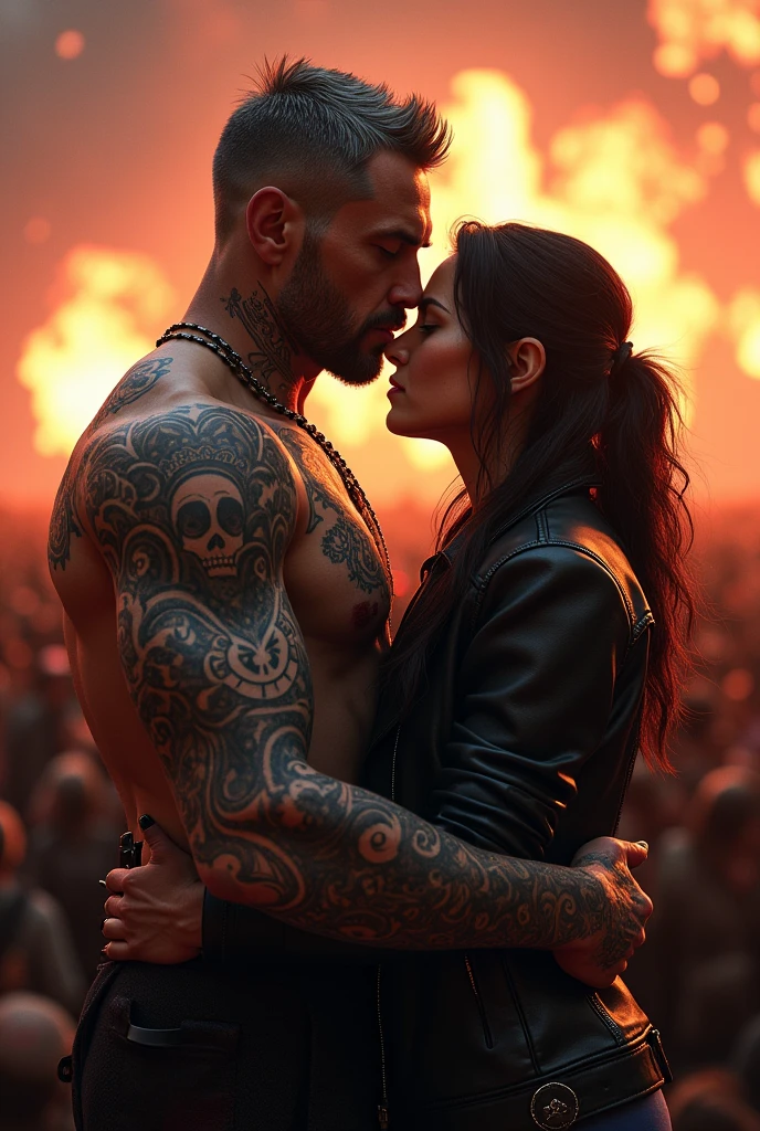 A man with short gray hair , Cao Cao, very strong and full of tattoos, a little older, side hugging a slightly older black-haired white woman at a rock concert both wearing leather jackets
