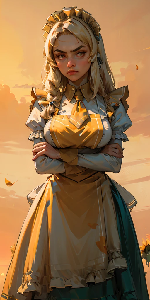 1girl, apron, blonde hair, bow, breast hold, breasts, brooch, closed mouth, crossed arms, dress, dusk, enmaided, evening, frown, ginkgo leaf, gradient, gradient background, long hair, long sleeves, looking at viewer, maid, maid apron, maid headdress, medium breasts, orange background, orange sky, orange theme, ribbon, solo, sunflower, sunset, v-shaped eyebrows, white apron, yellow background, yellow sky, yellow theme