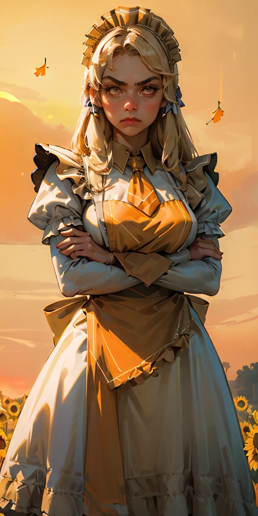 1girl, apron, blonde hair, bow, breast hold, breasts, brooch, closed mouth, crossed arms, dress, dusk, enmaided, evening, frown, ginkgo leaf, gradient, gradient background, long hair, long sleeves, looking at viewer, maid, maid apron, maid headdress, medium breasts, orange background, orange sky, orange theme, ribbon, solo, sunflower, sunset, v-shaped eyebrows, white apron, yellow background, yellow sky, yellow theme
