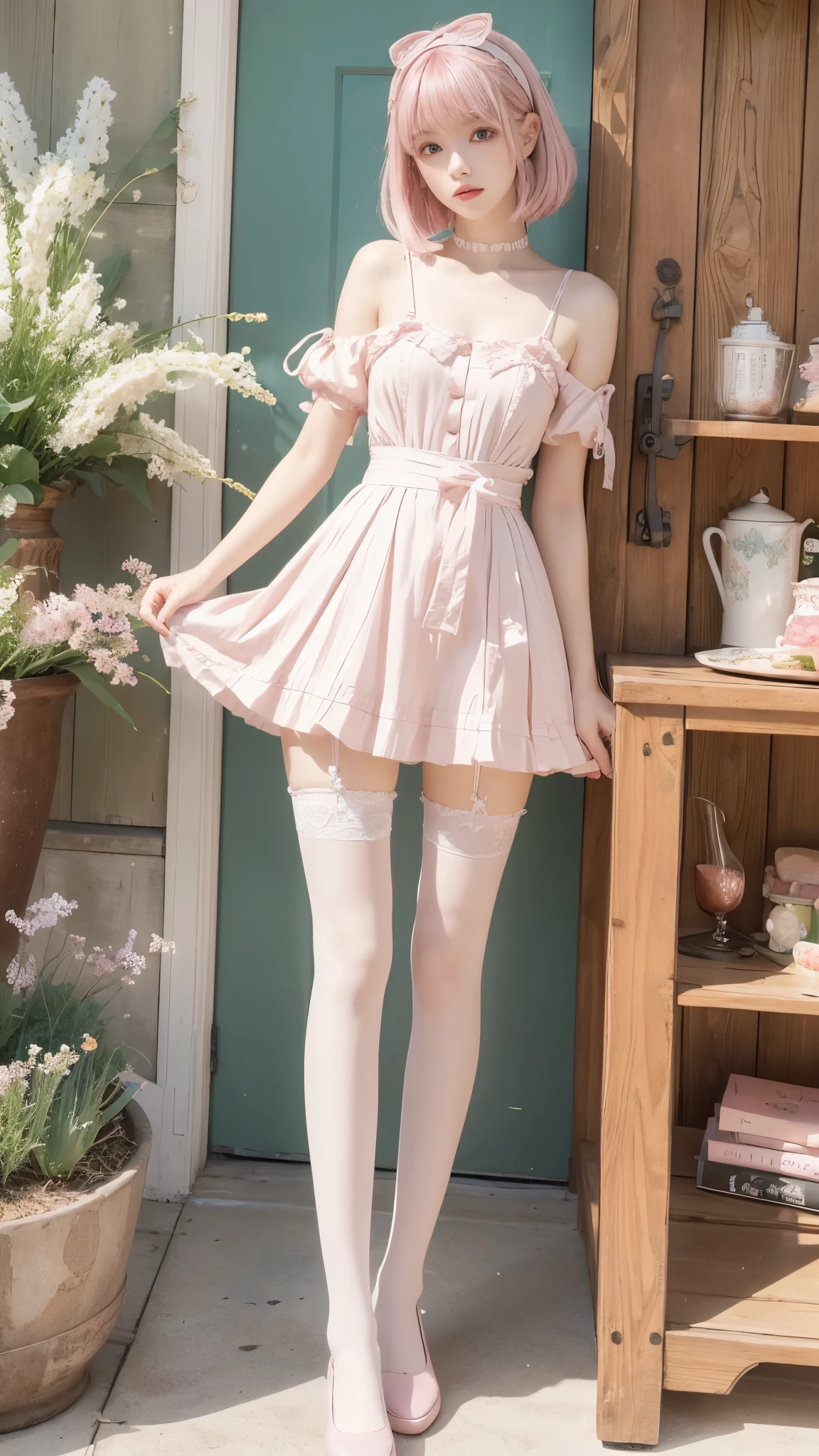 detailed background,(dramatic angles), (size difference), pink striped stockings, long stockings, pink hair, short hair, bangs, 1girl, 20 years old, Light green eyes, white hair band, Asian woman, skin indentations, cute, skinny, short:1.9 ,micro waist, slim body, thin body, white headband, full body focus, short skirt, shoulder length hair, pink stockings