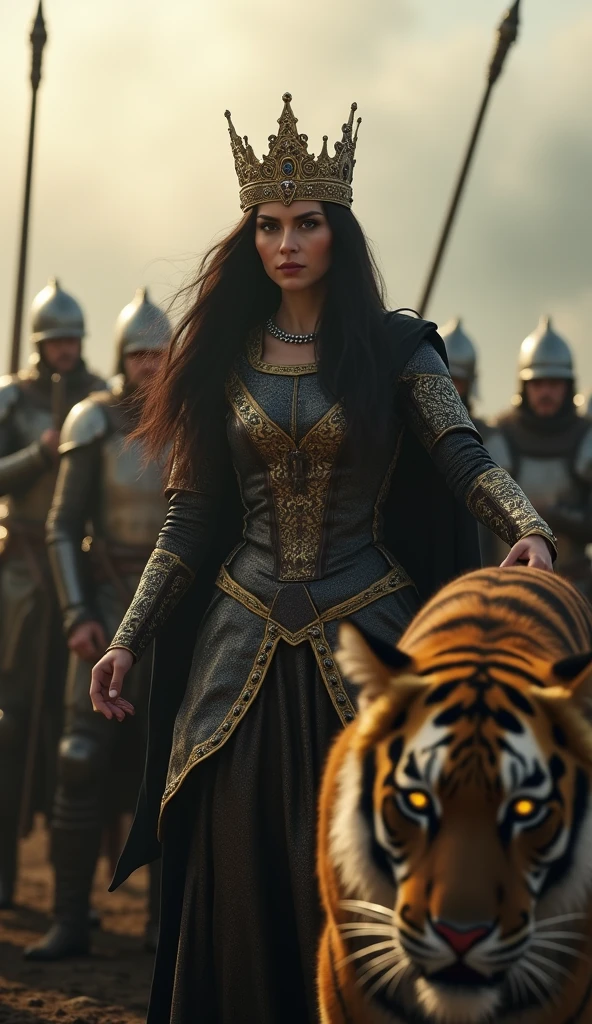 Close-up shot, Low angle shot, (A dramatic scene showcasing Queen Tamar, A regal Queen Tamar of Georgia, a striking figure with flowing dark hair and a finely crafted gold crown embedded with jewels”, standing amidst her soldiers, with several massive, fierce tigers by her side. The tigers are poised to spring, their muscles rippling under their striped fur, eyes glowing with a predatory intensity. Tamar holds a commanding stance, her arm outstretched as if giving an order to release the beasts. The soldiers, dressed in chainmail and helmets, stand in disciplined formation, their expressions a mix of awe and readiness. The background is an open battlefield at dawn, with mist rolling over the ground, creating an eerie and suspenseful atmosphere.) unreal engine, cinematic, hyper-real, highly detailed, Ultra realistic HD --q 2 --v 6.1 --ar 9:16