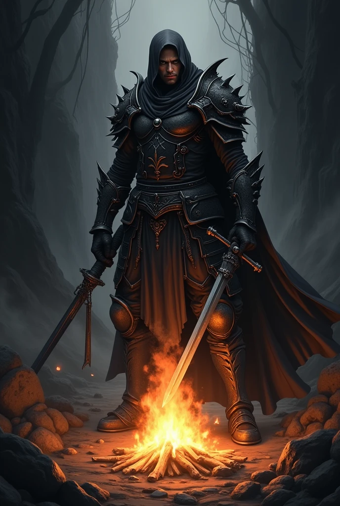 image with animation similar to anime with warrior from the dark souls game, image in black and with the character near a bonfire.