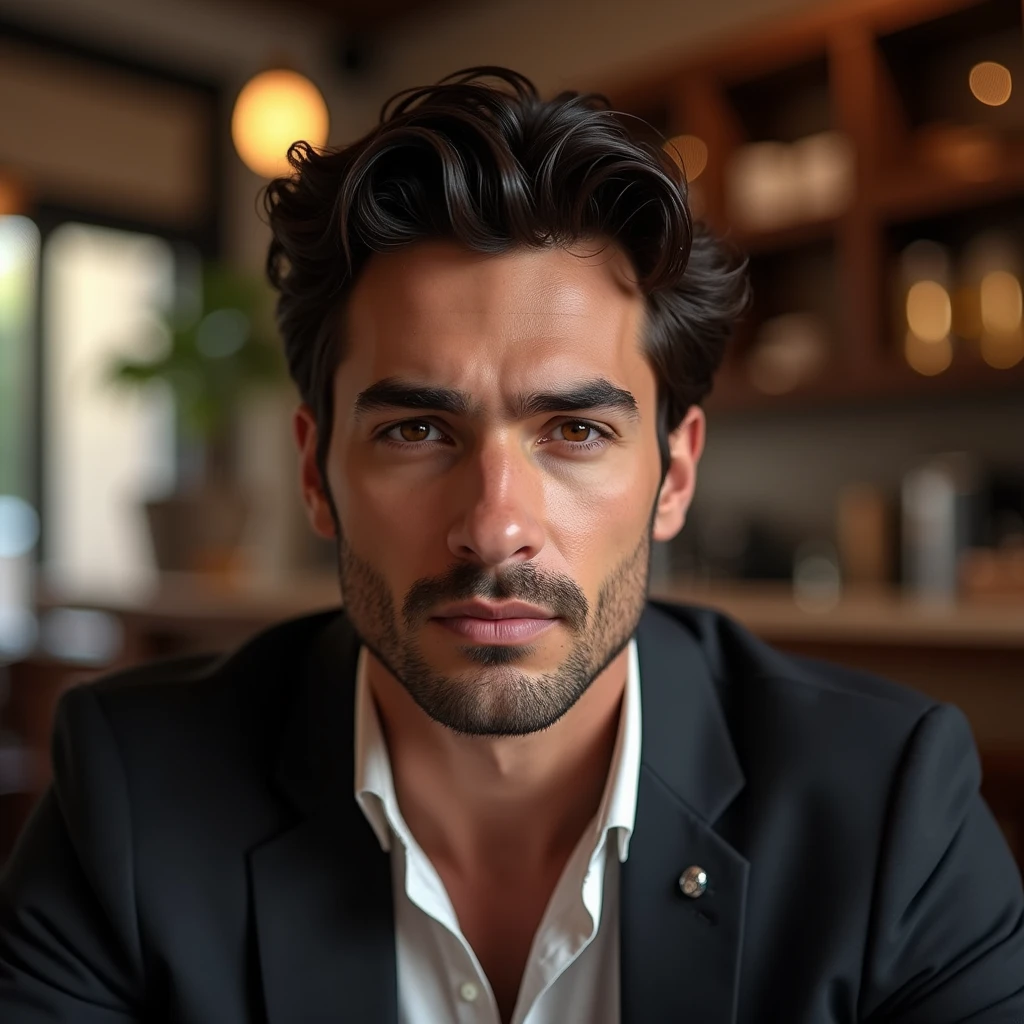 (Front view) very detailed photograph of an Italian man, detailed coffee shop background, (with black hair), (dark eyes) (symmetrical beautiful face) nice and well defined nose, (well marked and angular jaw), proportionate and fleshy lips, Stunning realistic photography, realistic soft color, Octane rendering, intricately detailed, sharp focus, stunning in full color, filmed with a DSLR camera, 32k resolution, Best Quality, (focus on skin texture)