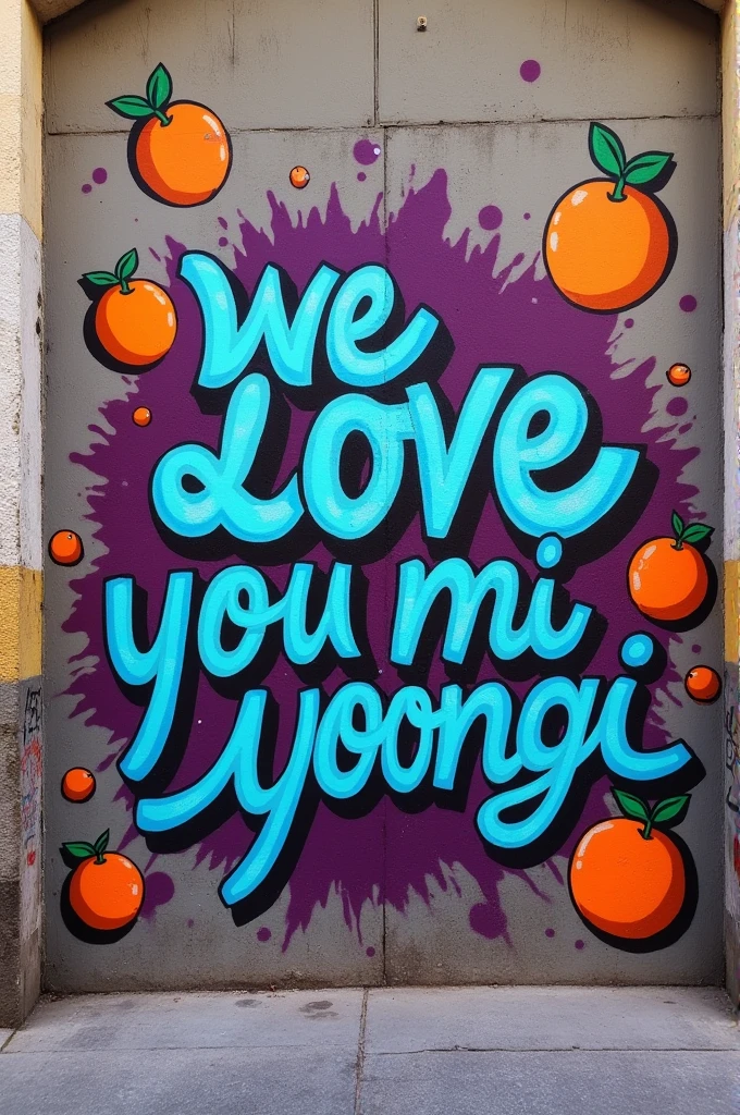 An image of graffiti on a wall in a city in Brazil with the words 'We love you Mi Yoongi' and ' #BTS' with some purple details, small drawings of tangerines.