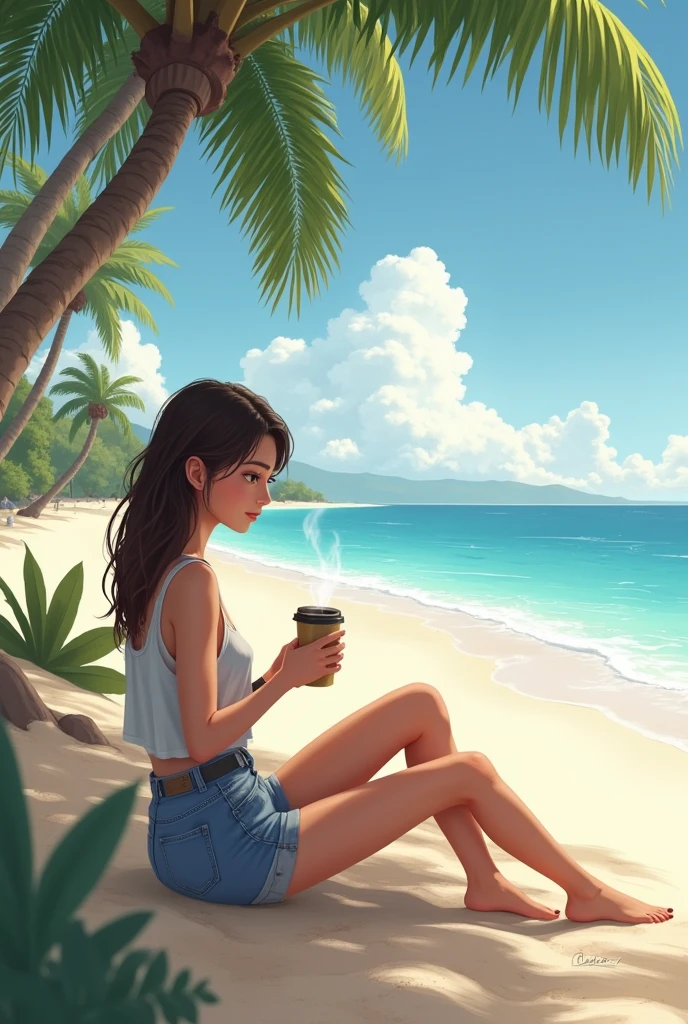 A girl sitting on the beach drinking coffee