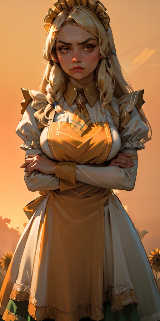 1girl, apron, blonde hair, bow, breast hold, breasts, brooch, closed mouth, crossed arms, dress, dusk, enmaided, evening, frown, ginkgo leaf, gradient, gradient background, long hair, long sleeves, looking at viewer, maid, maid apron, maid headdress, medium breasts, orange background, orange sky, orange theme, ribbon, solo, sunflower, sunset, v-shaped eyebrows, white apron, yellow background, yellow sky, yellow theme