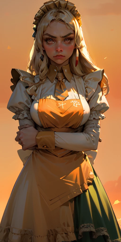 1girl, apron, blonde hair, bow, breast hold, breasts, brooch, closed mouth, crossed arms, dress, dusk, enmaided, evening, frown, ginkgo leaf, gradient, gradient background, long hair, long sleeves, looking at viewer, maid, maid apron, maid headdress, medium breasts, orange background, orange sky, orange theme, ribbon, solo, sunflower, sunset, v-shaped eyebrows, white apron, yellow background, yellow sky, yellow theme
