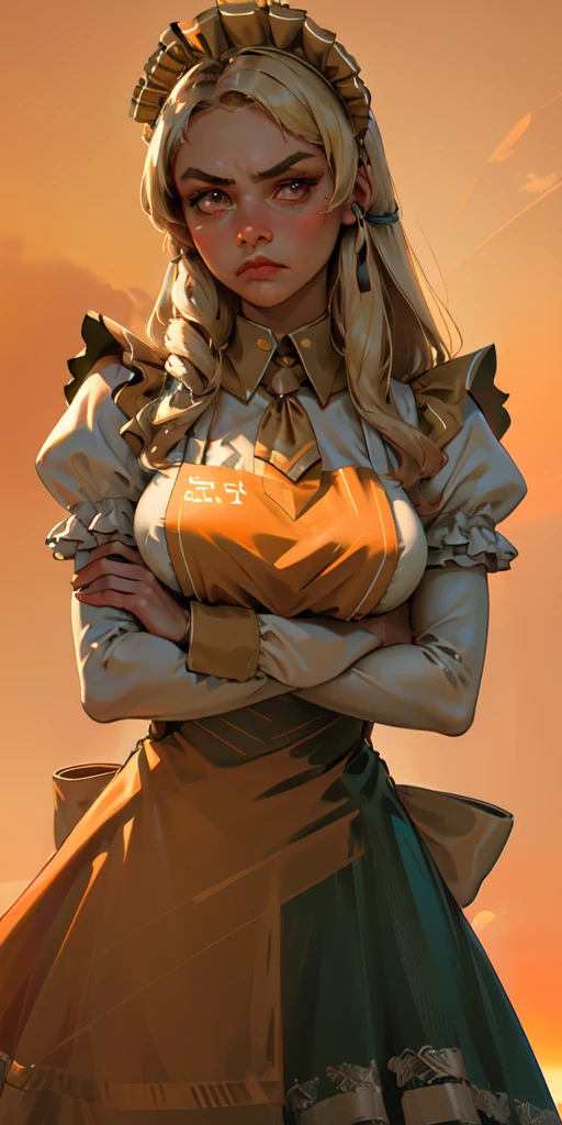 1girl, apron, blonde hair, bow, breast hold, breasts, brooch, closed mouth, crossed arms, dress, dusk, enmaided, evening, frown, ginkgo leaf, gradient, gradient background, long hair, long sleeves, looking at viewer, maid, maid apron, maid headdress, medium breasts, orange background, orange sky, orange theme, ribbon, solo, sunflower, sunset, v-shaped eyebrows, white apron, yellow background, yellow sky, yellow theme