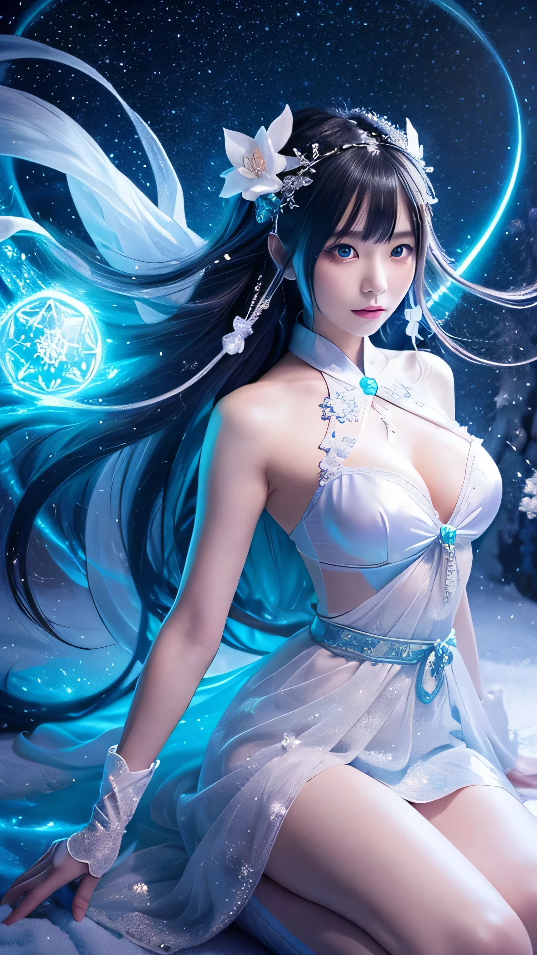 **Prompt:** Create an ultra-realistic 8K resolution image of Yuki-onna, the mythical figure from Japanese folklore, reimagined as the ultimate magical girl while retaining her iconic features. Yuki-onna’s signature pale, almost translucent skin glows with a mystical, ethereal light, enhancing her otherworldly beauty. Her long, jet-black hair is styled in flowing, elegant waves, adorned with sparkling snowflake accessories that shimmer with magic.

She is dressed in a stunning magical girl outfit that combines traditional Japanese elements with a modern, enchanting design. The outfit features a short, icy blue and white dress with intricate snowflake patterns woven into the fabric, adorned with shimmering ribbons and lace. The dress is paired with knee-high boots that have a frosty sheen and gloves that glow with a faint, magical aura.

Her large, expressive icy blue eyes are filled with determination and kindness, glowing with the power of her magical abilities. In one hand, she holds a beautifully crafted staff, topped with a crystal that radiates a cold, magical light. The staff is adorned with delicate snowflakes and emits a soft, shimmering mist, adding to her mystical appearance.

The background is a magical, snow-covered landscape with swirling snowflakes and a faint, glowing aurora in the sky, creating a magical and serene atmosphere. The composition centers on Yuki-onna, showcasing her in a dynamic, heroic pose, ready to wield her magical powers to protect those she loves.

The overall scene captures the perfect blend of Yuki-onna’s mystical origins with the vibrant, enchanting world of a magical girl, creating a visually stunning and captivating portrayal that highlights her as the ultimate embodiment of magic and beauty.