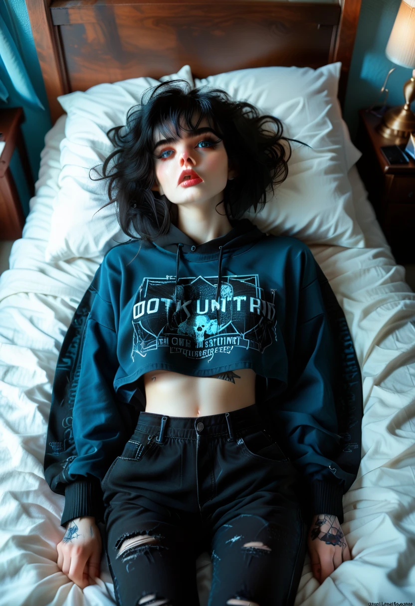 (pixelart: 1.2), beautiful gothic women, sexy goth girl, designer sweatshirt coat with logos, pants, short black hair with blue tips, bedroom, lying in bed, (by Isaac quek: 0.8) [by Ilya Kuvshinov: 0.65]