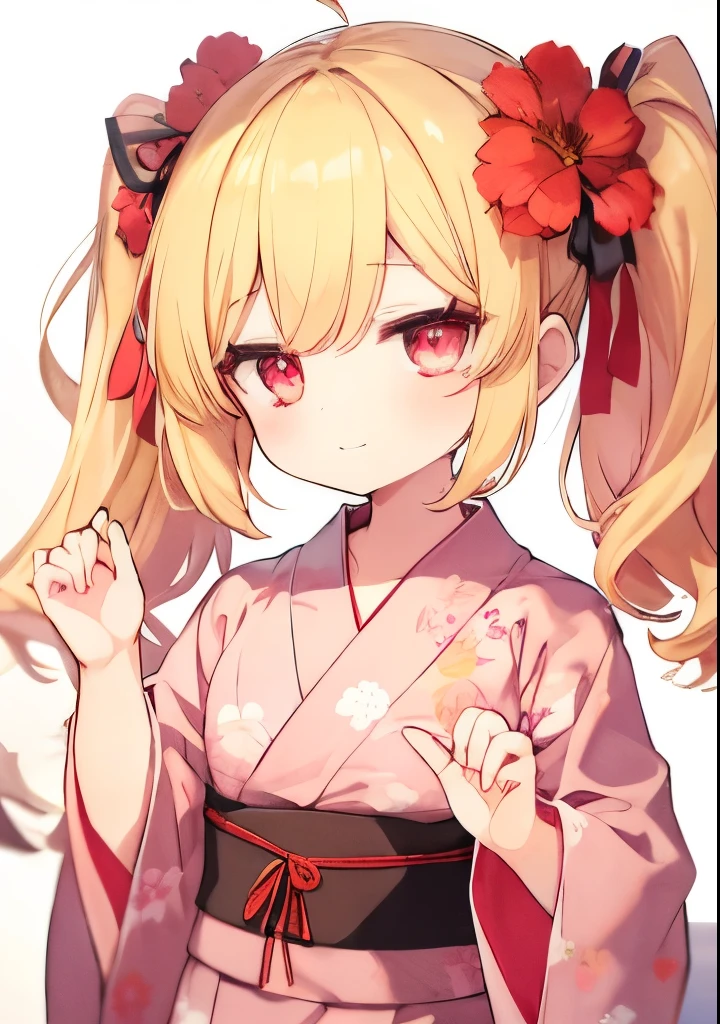 One girl, wearing a cute pink floral yukata, short yukata, cute face, big smile, strong eyes, many eyes, kind loving face, bright expression, blond hair in twin tails,, red ribbon, wearing red ribbon, moonlight in the night sky open hands, in focus Face, Front view, Red eyes, Both hands, Five fingers, No shadow on background, High quality