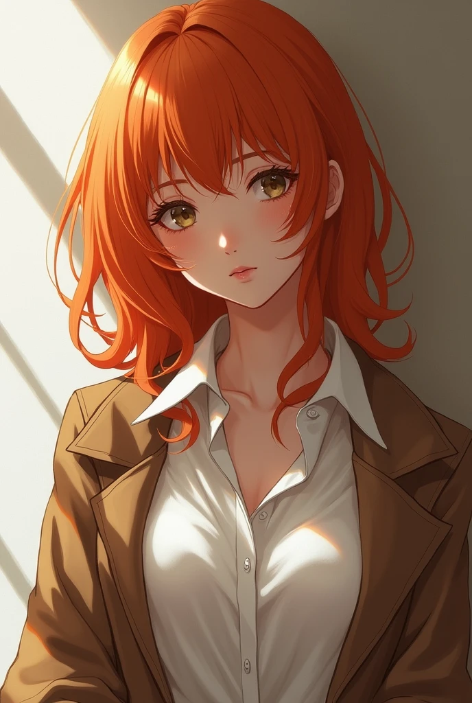 (masterpiece:1.4), (Best quality:1.2), must sangah, 1 girl, White shirt, brown jacket, orange hair, upper body, nsfw