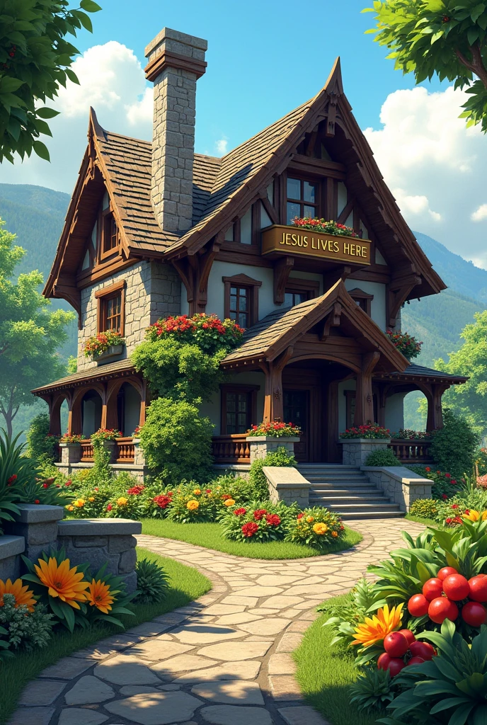 Two-story mountain mansion with wood and stone siding and a sign that reads JESUS LIVES HERE, with leaf garden, flowers and fruits