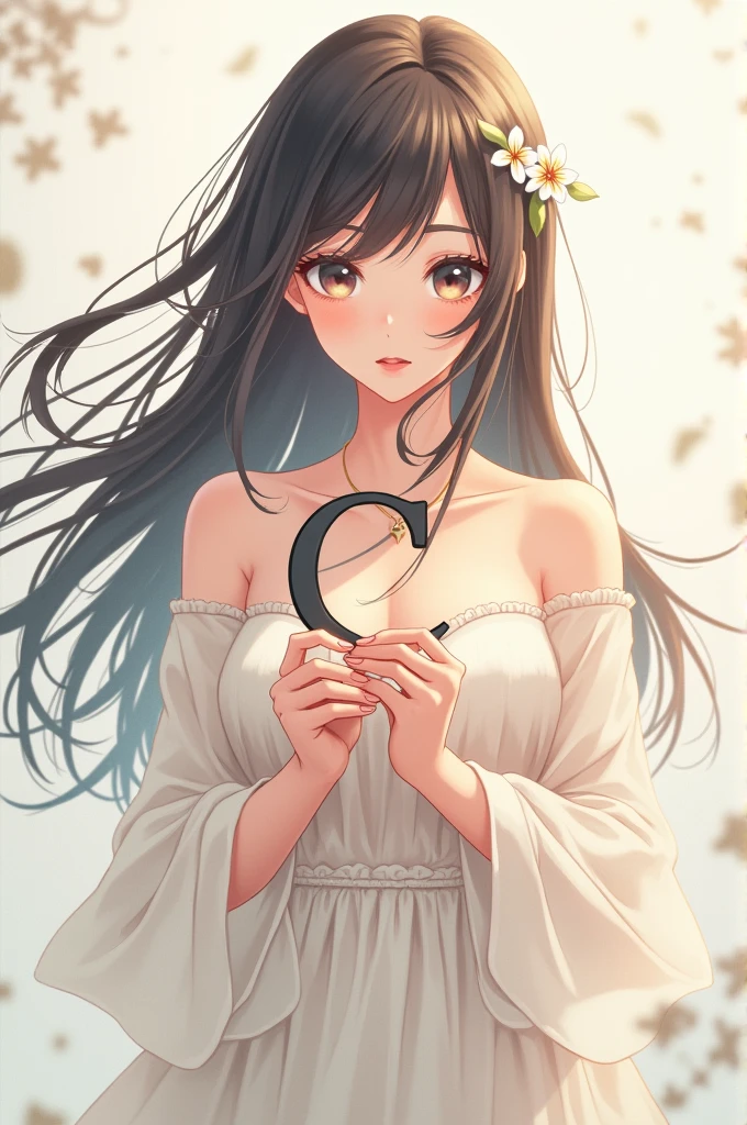 Anime of a woman holding the letter C