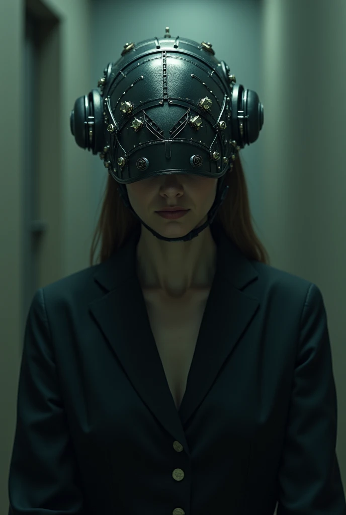 Create a woman controlled by a mind control hat and cover her face so that her face cannot be seen