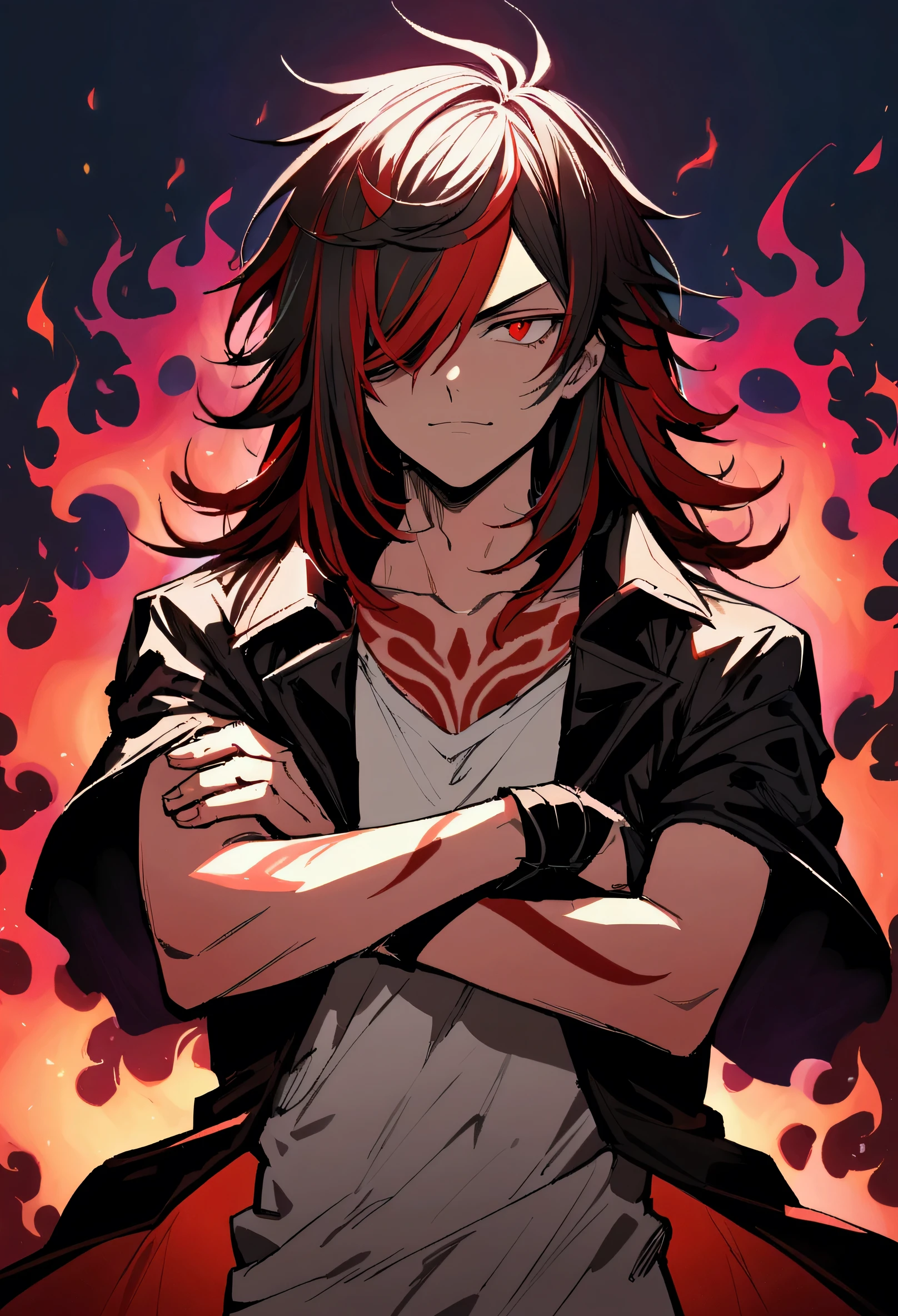 teenage boy, tidy hair, medium length hair, multicolored black and red hair, long bangs covering the left eye, Eyes red, serious face, simple smile, white  shirt, dark red loose-fitting short-sleeved ripped overcoat, red tattoos on the body, fiery aura, crossed arms.