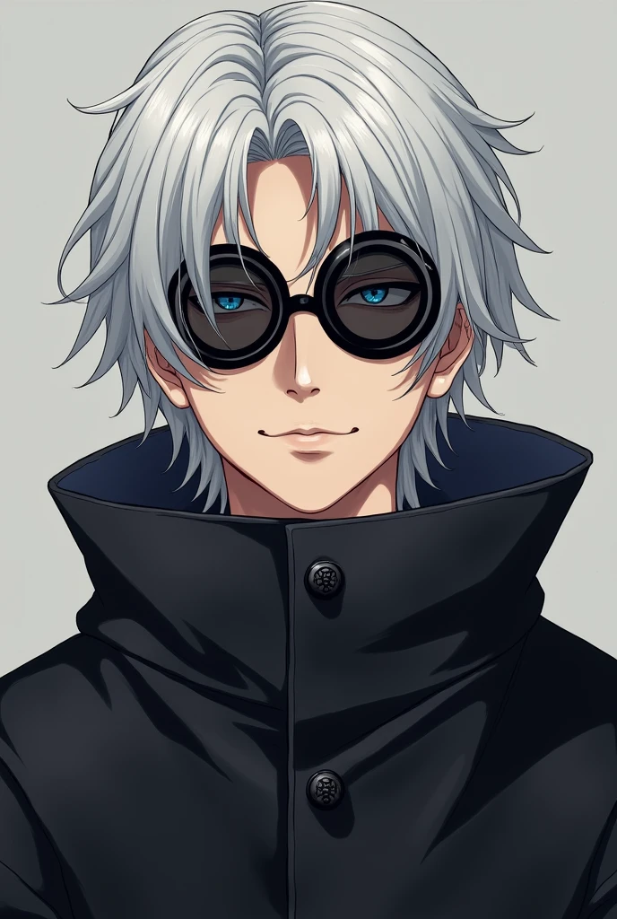 Generate the realistic human image of gojo satoru with black circular goggles on black coat and quite smile on his face