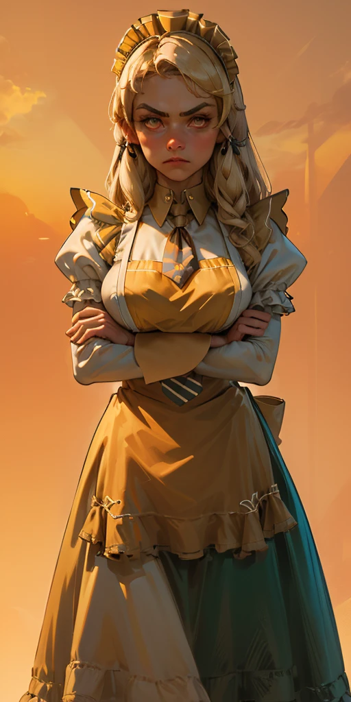1girl, apron, blonde hair, bow, breast hold, breasts, brooch, closed mouth, crossed arms, dress, dusk, enmaided, evening, frown, ginkgo leaf, gradient, gradient background, long hair, long sleeves, looking at viewer, maid, maid apron, maid headdress, medium breasts, orange background, orange sky, orange theme, ribbon, solo, sunflower, sunset, v-shaped eyebrows, white apron, yellow background, yellow sky, yellow theme