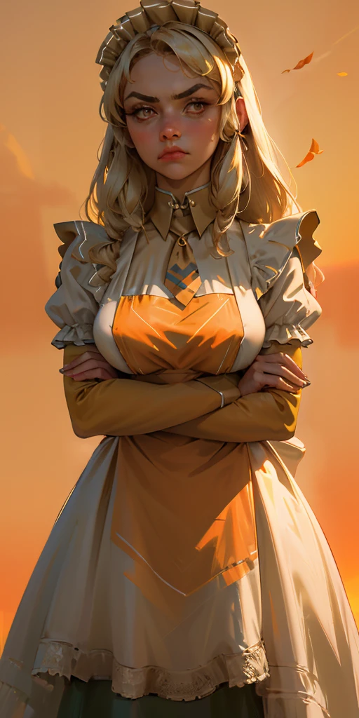 1girl, apron, blonde hair, bow, breast hold, breasts, brooch, closed mouth, crossed arms, dress, dusk, enmaided, evening, frown, ginkgo leaf, gradient, gradient background, long hair, long sleeves, looking at viewer, maid, maid apron, maid headdress, medium breasts, orange background, orange sky, orange theme, ribbon, solo, sunflower, sunset, v-shaped eyebrows, white apron, yellow background, yellow sky, yellow theme