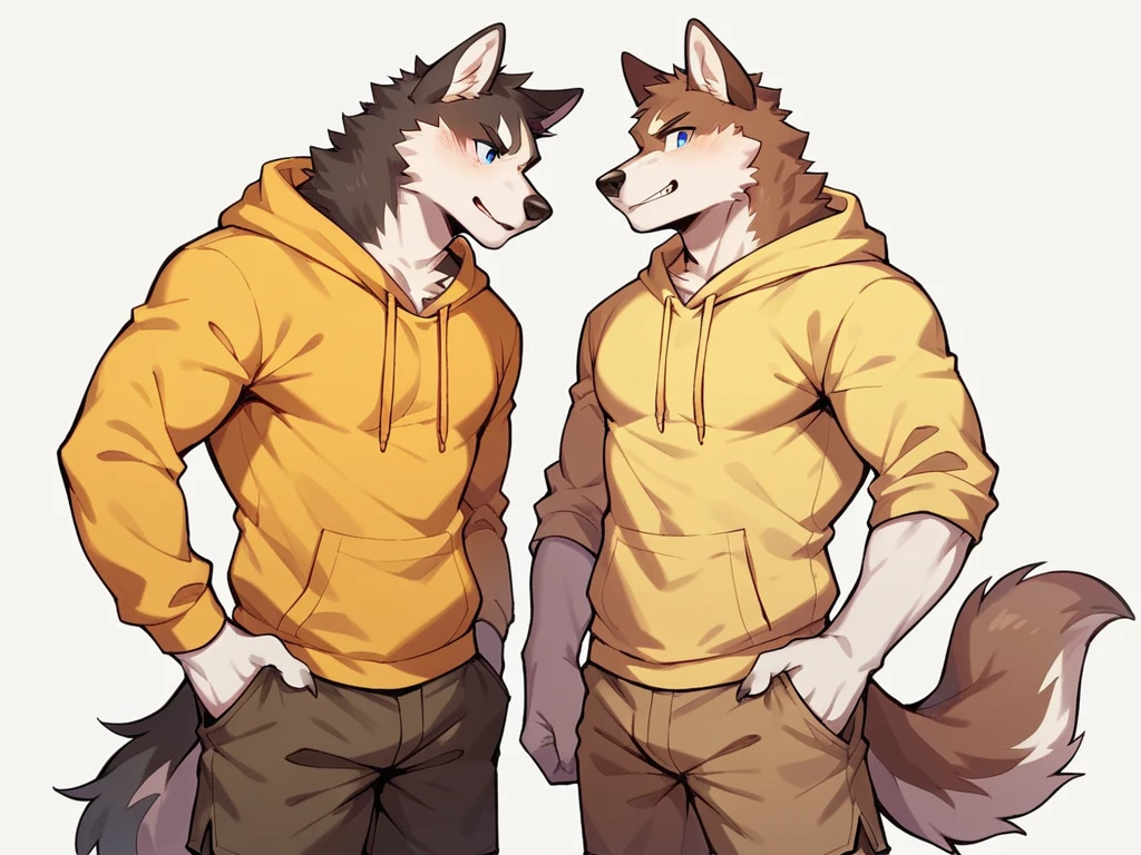score_9, score_8_up, score_7_up, high quality, hires, anthro, male, husky, brown fur, brown ears, mostly white fur, blue eyes, yellow hoodie, brown shorts, white background,