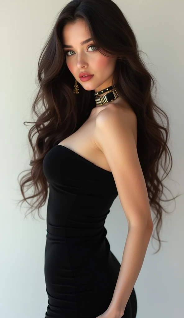 1 woman, full body shot (1.3),close up face shot (1.3), face shot, corridor,Soft Light, Iatlain Beauty,Tight Fit,dress,Light-haired,long hair,
white background, gorgeous American-Italian woman, doll face, with thick and long wavy dark chocolate brown hair, big and large slender cat emerald green bright eyes, long and thick curly black eyelashes, button upturned nose, high nose bridge, fullest and plumpest with a pout at the top rosy red luscious lips, oval and heart face shape mix, high cheekbones, shorter face, shorter chin, defined jawline, tiny face size, pale milky white traslucent perfect skin, whitening skin, hourglass shaped body, tiny and narrow waist, rounded hips, long and slender beautiful legs, big perfect brests (1.4), large breasts, bust size 84 cm, waist 57 cm, hips 86 cm, bra size 34 D, tall at 5’8, full body image, realistic, photorealistic, ultradetailed, skin texture, hyperealismHigh Resolution, Closed Mouth, highly detailed, high resolution 8K, wearing a tight fit black dress highliting her horglass body, detailed jewlry, 23-years-old