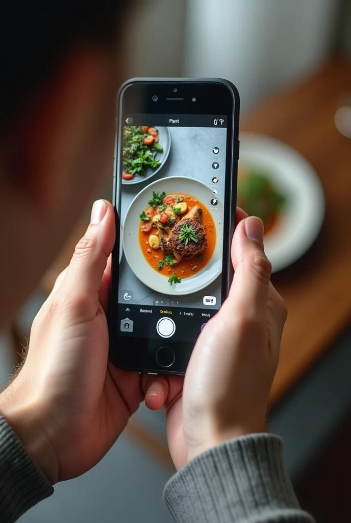 Give me a person taking a picture of a plate of food, but the plate of food is only seen on the screen of your cell phone and is not seen on the table.
Additionally, I want the nutritional information of the plate of food to be displayed on the cell phone screen.