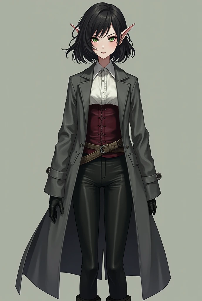 A female elf character, anime. Young and serene appearance of hair down to below the shoulders, wavy and dark, black, with an asymmetrical hairstyle that partially covers one side of her face. His eyes are a deep green color. He is wearing black clothing that includes a long, grey trench coat., with long sleeves and a short that reaches to the middle of the thighs. The trench coat has a belt tied at the waist., that fastens in the front. She has a white button-down shirt and a wine-red corset.. Wear gloves and high boots, ambas black. The posture and facial expression suggest that she is ready for a battle or quick action.. She is tall and serious.
