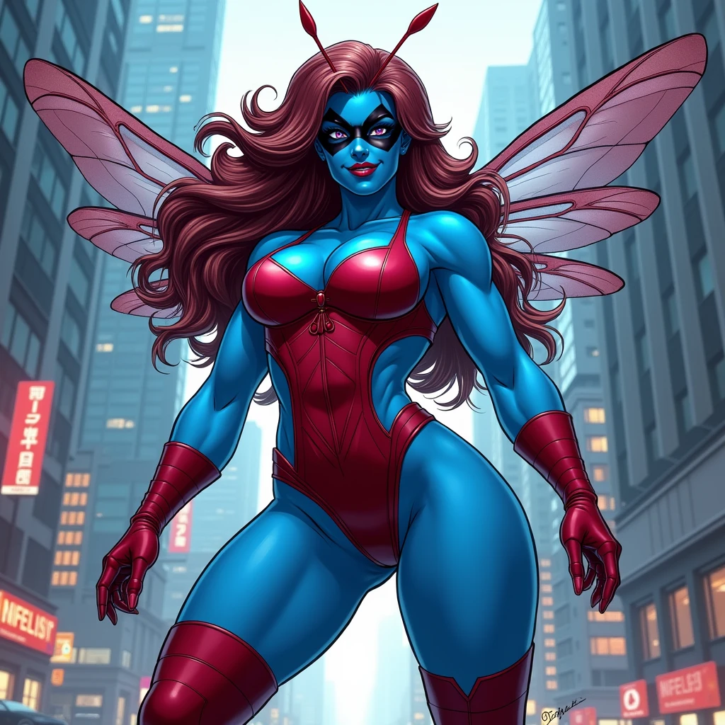  a (((blue skinned, blue skin))) female super villain, athletic curvy fit body, wide hips, large breasts, She has long dark red colored hair with lots of volume and wears a red leotard with bare arms, bare legs and a corset around her waist, she has long thigh high boots and short gloves, and a black domino mask over her eyes. she has long antennae and insect wings on her back. (detailed face, detailed eyes), long eyelashes, ((detailed lips)), strong jaw, narrow eyes, solid white eyes. Good hands, detailed hands. cityscape background. She stands firmly on the ground a wide stance, ready to fight, a slight smile on her face looking down at the camera. dynamic exaggerated poses.  she has insect wings on her back that resemble dragonfly wings
