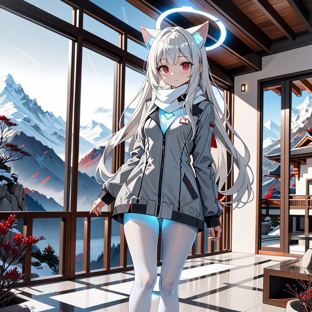 masterpiece, highest quality, highest resolution, clear_image, detailed details, white hair, long hair, 1 girl, cat ears, red eyes, futuristic halo, gray jacket, white scarf (around the neck withn a light blue glow), white pantyhose, full body, no water marks, no panties, in mountain villa