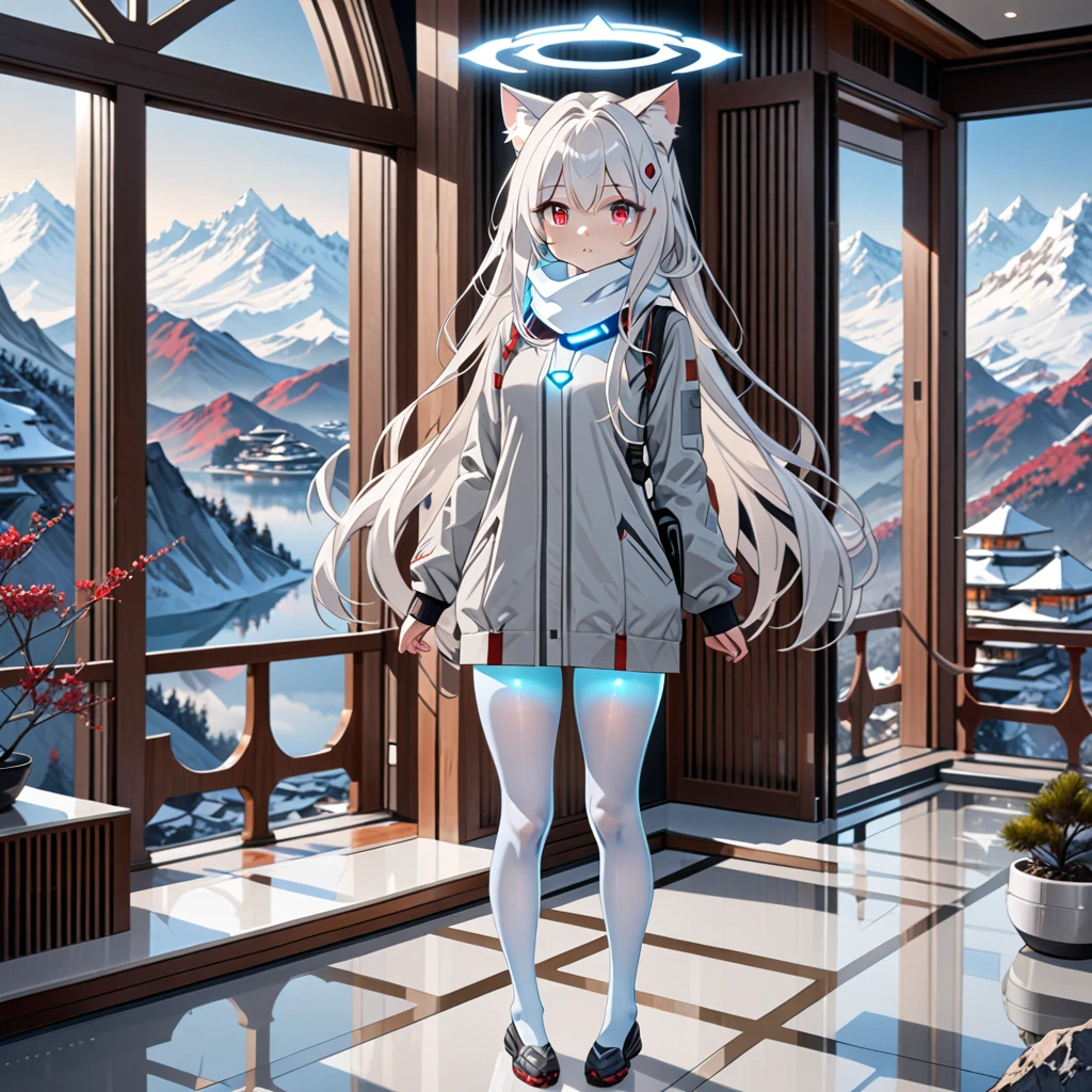 masterpiece, highest quality, highest resolution, clear_image, detailed details, white hair, long hair, 1 girl, cat ears, red eyes, futuristic halo, gray jacket, white scarf (around the neck withn a light blue glow), white pantyhose, full body, no water marks, no panties, in mountain villa