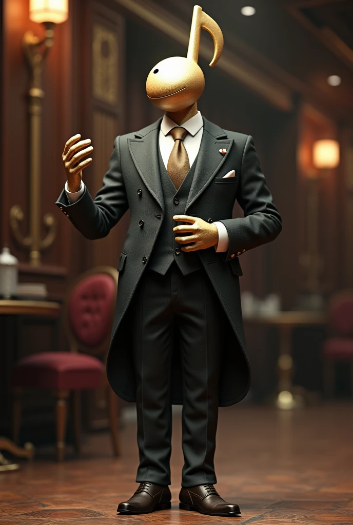 A musical note in a suit