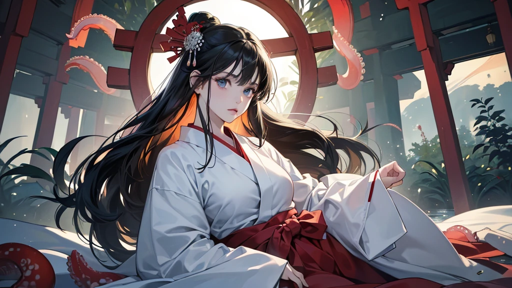 (absurdres, highres, ultra detailed),masterpiece,best quality,high resolution,8k,Realistic face,Realistic skin texture,magnified textures, stunning clarity,(ultra detailed eyes and face),(1 girl:1.4),long hair,black hair,pale skin, mysterious eyes,(expressionless:1.2)(basuful:1.1),look at viewer,Delicate atmosphere,,creepy swamp,,midnight,(tentacles in the background:1.2),Japanese shrine maiden, ,(white kimono),(red hakama) thin body type,big breasts,