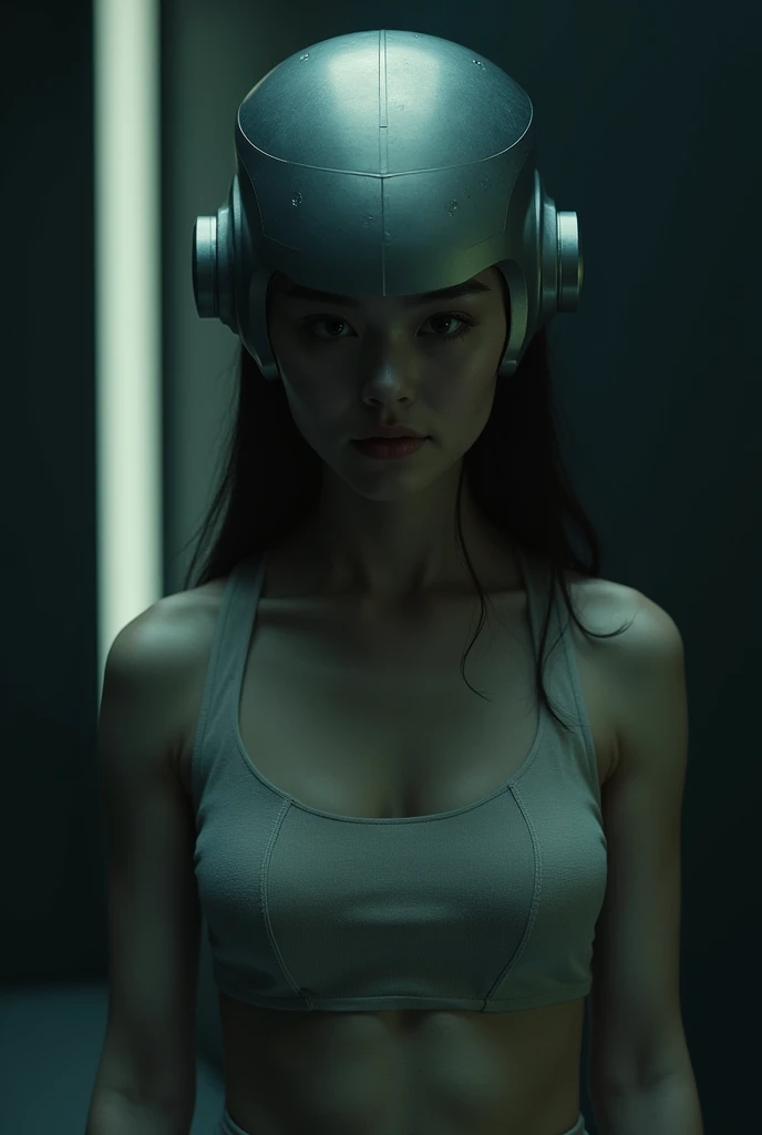 Create a woman controlled by a mind control hat and cover her face and mouth