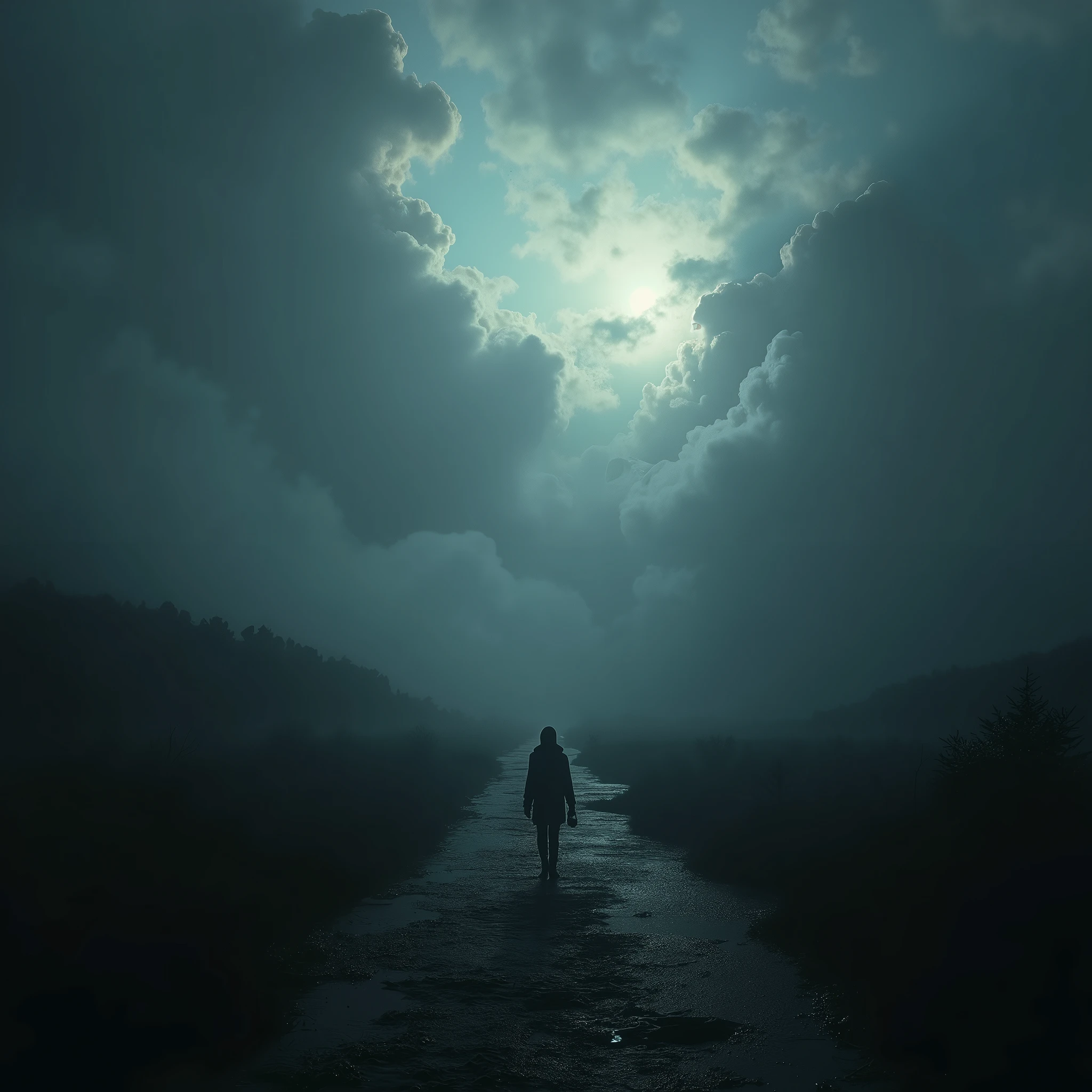 (Mystical landscape), shadowy silhouettes, (haunting beauty), swirling mist, ethereal light filtering through clouds, deep contrasts of darkness and light, capturing the paradox of beauty and despair, emotional depth, surreal elements, dramatic ambiance, evocative and thought-provoking, (highly detailed) and (cinematic) style, (4K resolution) for breathtaking visualization.
