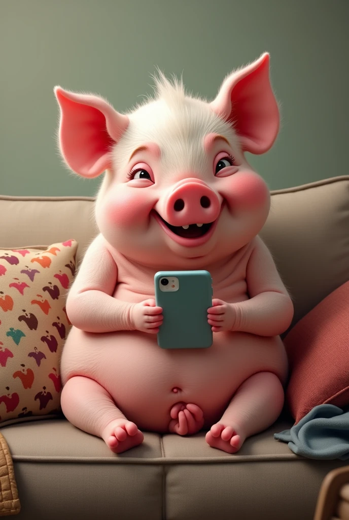 A pig holding a cell phone and looking at it smiling while sitting on a sofa, with clothes and some pillows