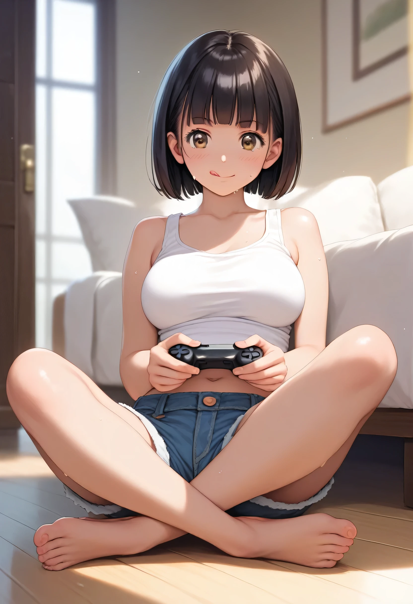 score_9,score_8_up,score_7_up,masterpiece,best quality, source_anime, realistic, super detailed, extreme detailed, rating_safe, 
1girl, sitting, indian style, spread legs, (crossed ankles), on floor, plying video game, holding controller,  
BREAK 22yo, short hair, bob cut, (blunt bangs), black hair, (tareme, detailed cute brown eyes), curled eyelashes, (large breasts:0.9), 
shiny hair, beautiful detailed eyes, beautiful face, 
white tank top, denim shorts, sweat, navel,
blush, serious, licking own lips,
living room, woody floor,