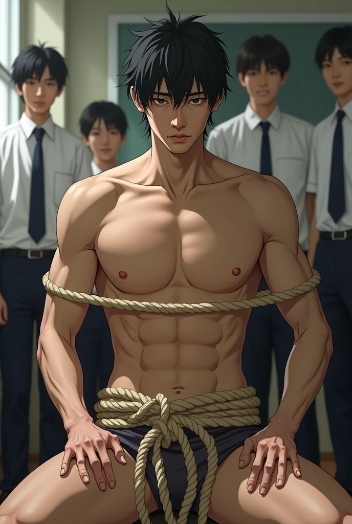 1boy、Handsome Men、Japanese male, 、Completely naked、Full nudity、erection、Huge penis、Highest quality、Realistic、beautiful、Sad look、 ((((Completely tied up with rope)))), ((((A very tight rope is crisscrossed over the chest)))),(((Body bound with tight rope)))、whole body、Surrounded by men and women in uniform、In a school classroom、erection、完全Completely naked、On all fours、Prostration