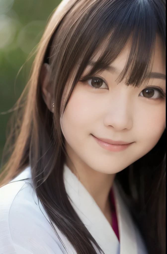 best quality, face focus, soft light, ultra high res, (photorealistic:1.4), RAW photo,(Shinozaki Ai), (fair skin), (kawaii),
1 Japanese girl, solo, cute, smile, (pupil, lights in the eyes),  detailed beautiful face, Medium-sized breasts,(high resolution detail of human skin texture),(long hair),(portrait), upper body, white traditional kimono