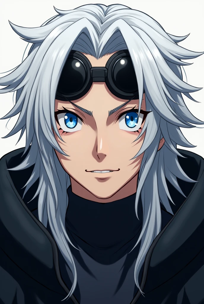 Generate the realistic human image of gojo satoru with black circular goggles on black coat and quite smile on his face snapdd00