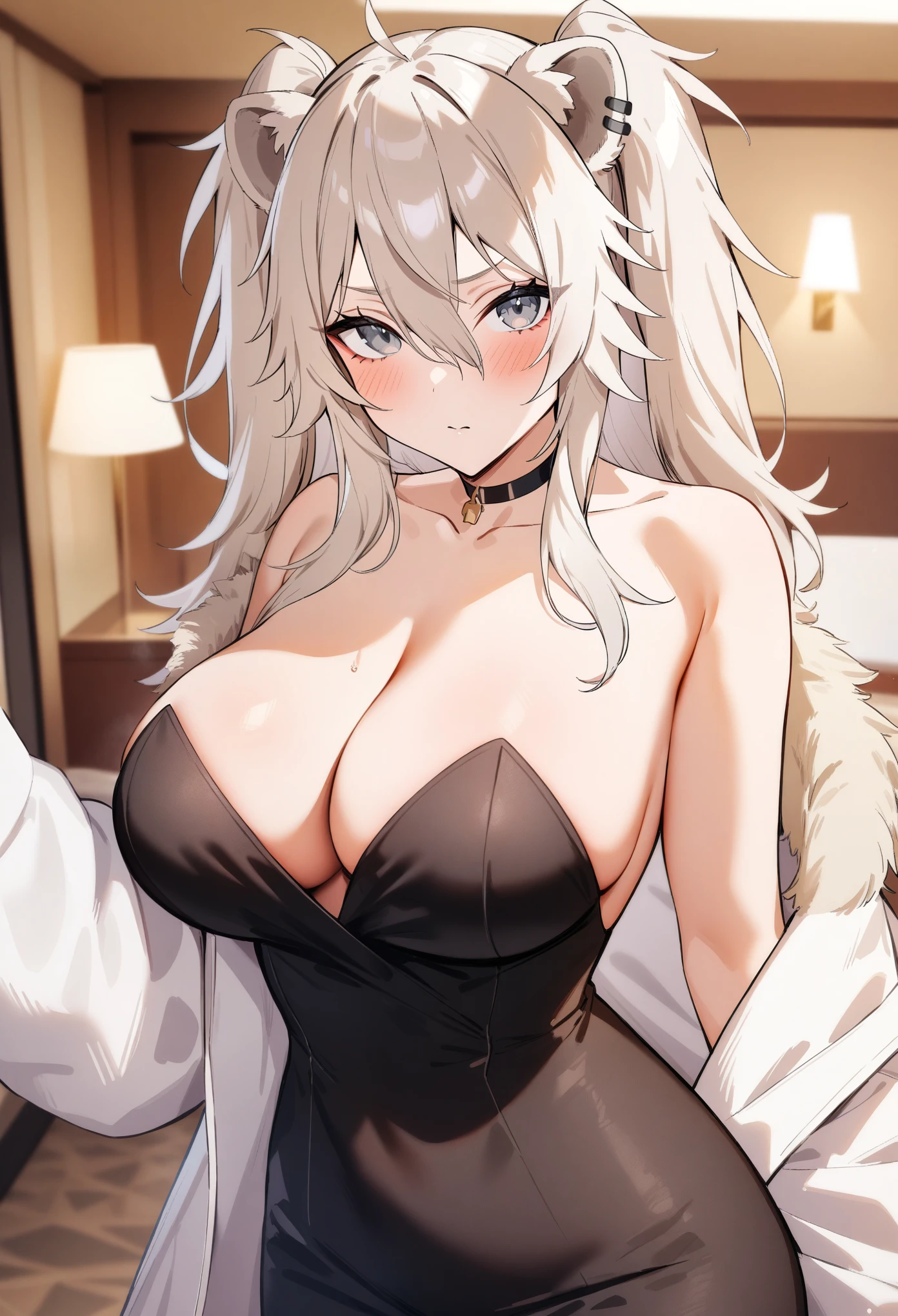 masterpiece, best quality, very aesthetic, absurdres, 1girl, shishiro botan, hololive, looking at viewer, upper body, two side up, messy hair, eyebrows, grey eyes, lion ears, large breasts, alternate costume, dress, low neckline, off shoulddr, strapless, hotel