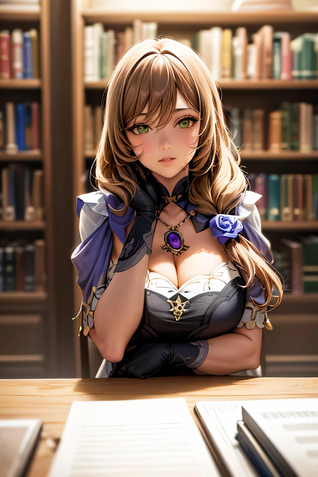 a young girl standing in a library, her hand on her chest, 1girl, beautiful detailed eyes, beautiful detailed lips, extremely detailed face, long eyelashes, intricate details, serene expression, natural lighting, warm color tones, (best quality,4k,8k,highres,masterpiece:1.2),ultra-detailed,(realistic,photorealistic,photo-realistic:1.37),HDR,UHD,studio lighting,ultra-fine painting,sharp focus,physically-based rendering,extreme detail description,professional,vivid colors,bokeh,portraits