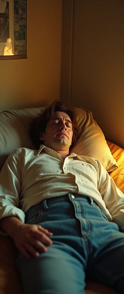 A nostalgic screenshot from a 1980s horror film directed by surrealist mastermind David Lynch, capturing an eerie, dimly lit atmosphere of a middle-aged man with thin, pale skin, dark circles under his sunken eyes, and a hairstyle disheveled, disheveled brown man sleeping on a bed in a hotel room, dressed in a worn and wrinkled white shirt and a pair of faded high-waisted pants. blue jeans, the entire scene is bathed in a warm, golden light with an underlying sense of unease, evoking a sense of cinematic dread, with a prominent film grain texture that adds to the retro, analogue aesthetic, as if it had been ripped straight out. from a VHS tape