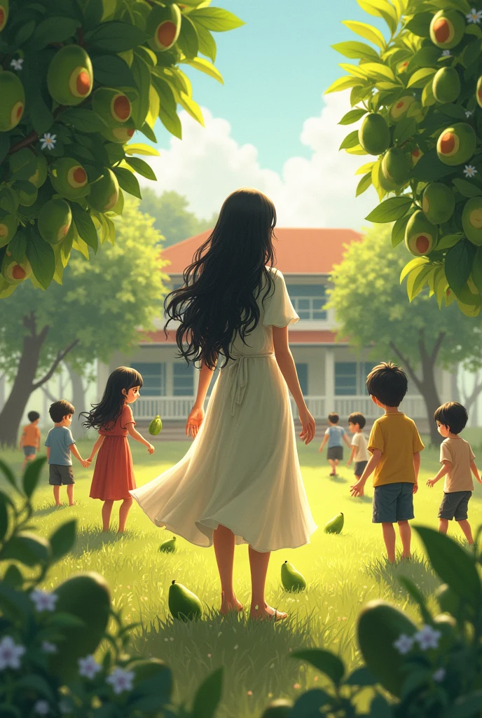 black-haired teacher, long and loose, at the country school with children playing and her picking avocados, with a beautiful dress 
