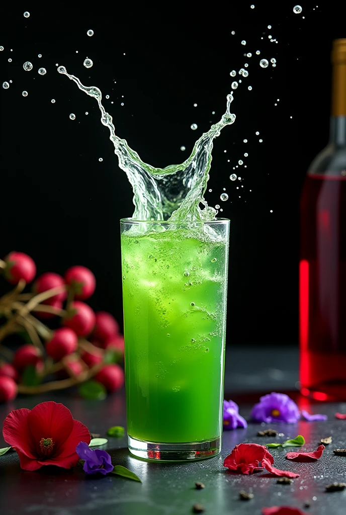 (Movie-like photos:1.3) of (Realistic:1.3) a studio shot of a (explode:0.2) (Splash:0.9) a wine glass of green tea 、Clear green liquid,Transparent splash in a glass,There is little liquid in the glass,
Contains , Splash Image, Full Color, In Kamba, splashes of liquid, Drink, flower, Next to Green Tea Leaves and Flower, Strong colors, ticker, Invoking joy, Water swirls, Fred Marcellin, Top selection when splash is removed, professional food photography, Artistic photography. Black background,Red and purple flowers on the table、Tea leaves fluttering,
Fantasy,A bottle of red wine is beside it,Bottleneck is black,Many leaves are falling、A lot of tea leaves are flying,splash、透明なsplash,The liquid in the glass is less than half full,