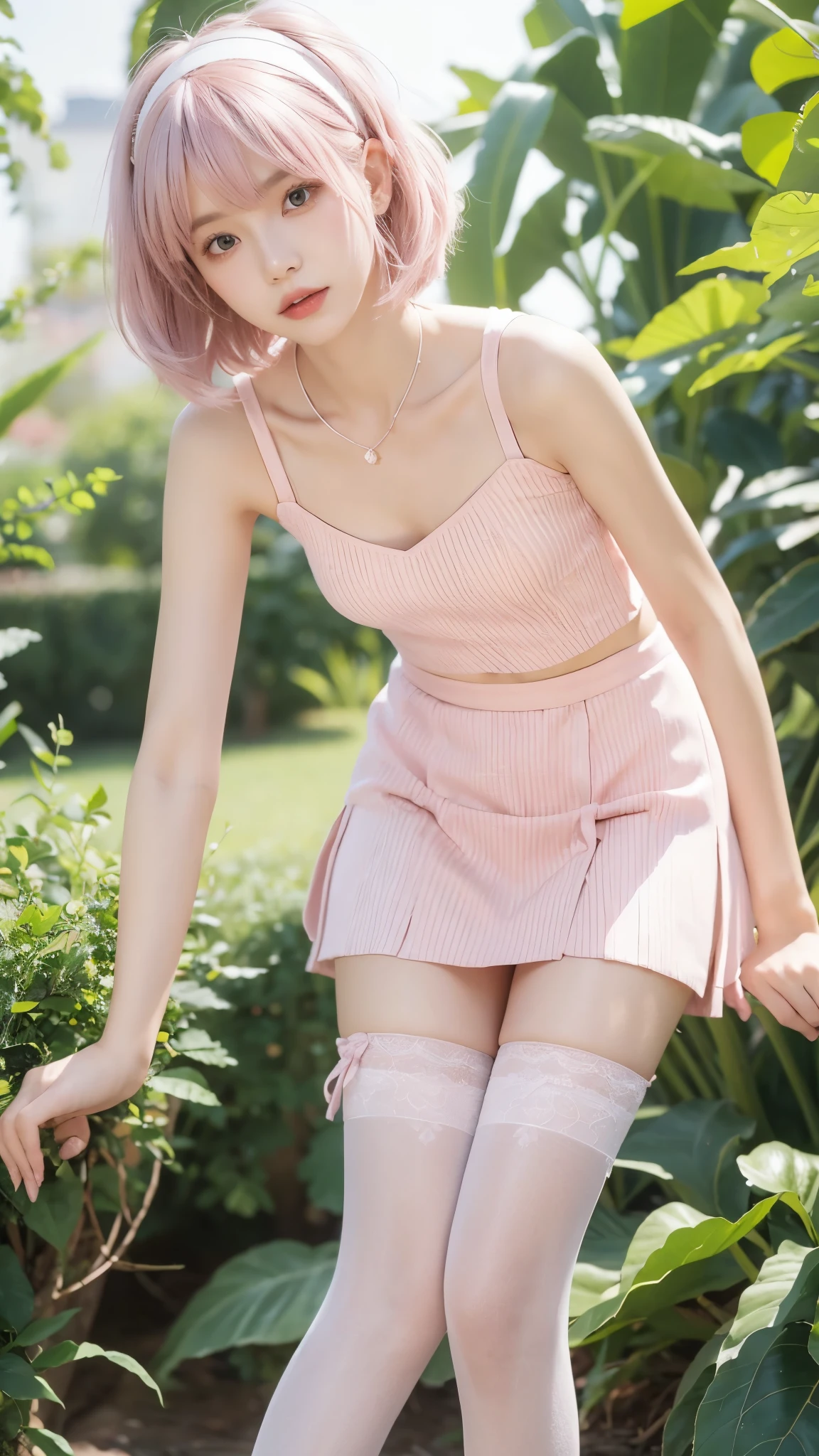 detailed background,(dramatic angles), (size difference), pink striped stockings, long stockings, pink hair, short hair, bangs, 1girl, 20 years old, Light green eyes, white hair band, Asian woman, skin indentations, cute, skinny, short:1.9 ,micro waist, slim body, thin body, white headband, full body focus, short skirt, shoulder length hair, pink stockings
