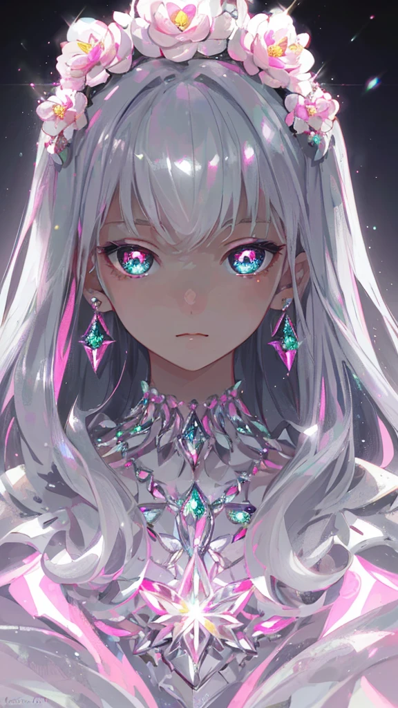 masterpiece, best quality, illustration, flashy pink, platinum earrings, platinum necklace, white dress, 1girl, cute, (dynamic lighting:1.2), cinematic lighting, delicate facial features, detailed eyes, sharp pupils, realistic pupils, depth of field, bokeh, sharp focus, (hyper-detailed, bloom, glow:1.4), many small gems